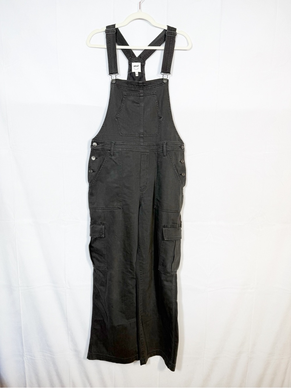 Aerie Baggy Bib Overall Smoke Gray Cargo Pockets Wide Leg Size Large - Picture 2 of 12